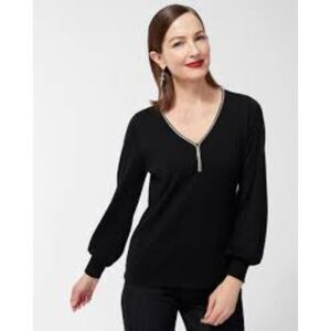 Chico's Women's Size 0/Small Caviar Trim V-Neck Pullover Sweater Puff Sleeve